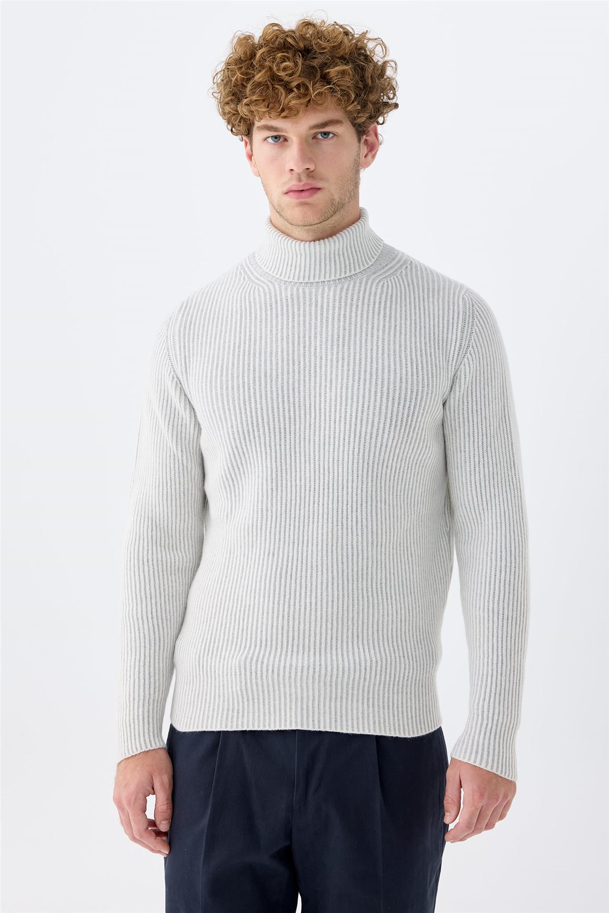 Bej Gri Tam Balıkçı Kaşmir Kazak