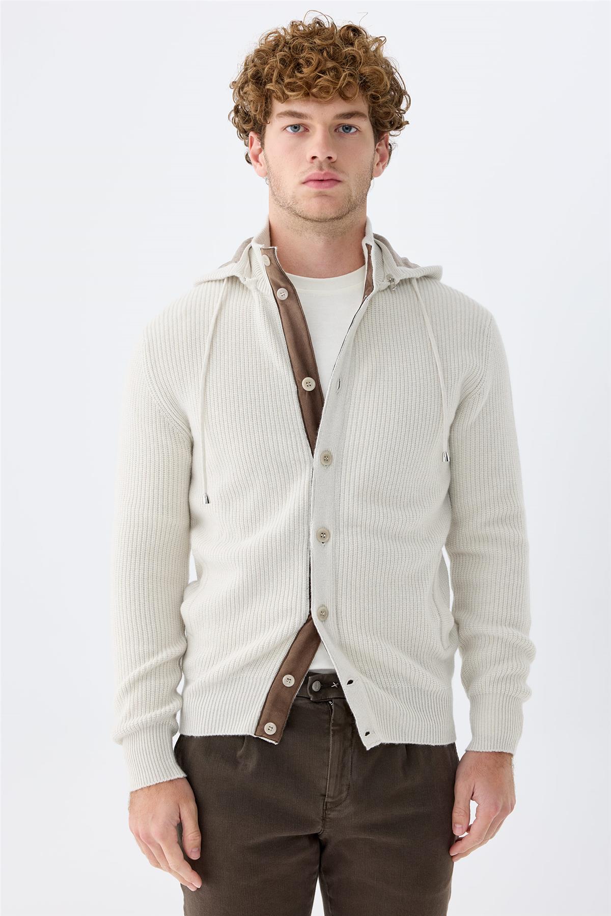 Bej Kapüşonlu Kaşmir Hırka