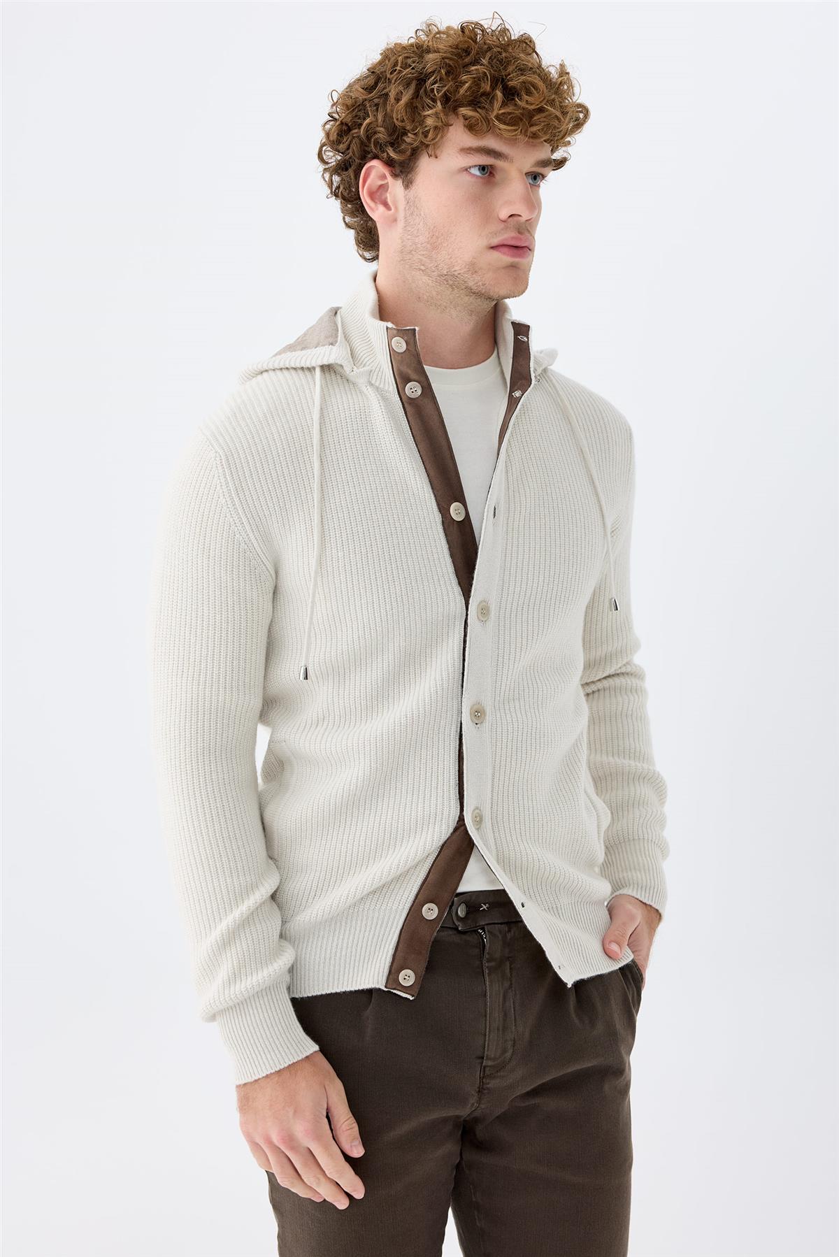 Bej Kapüşonlu Kaşmir Hırka