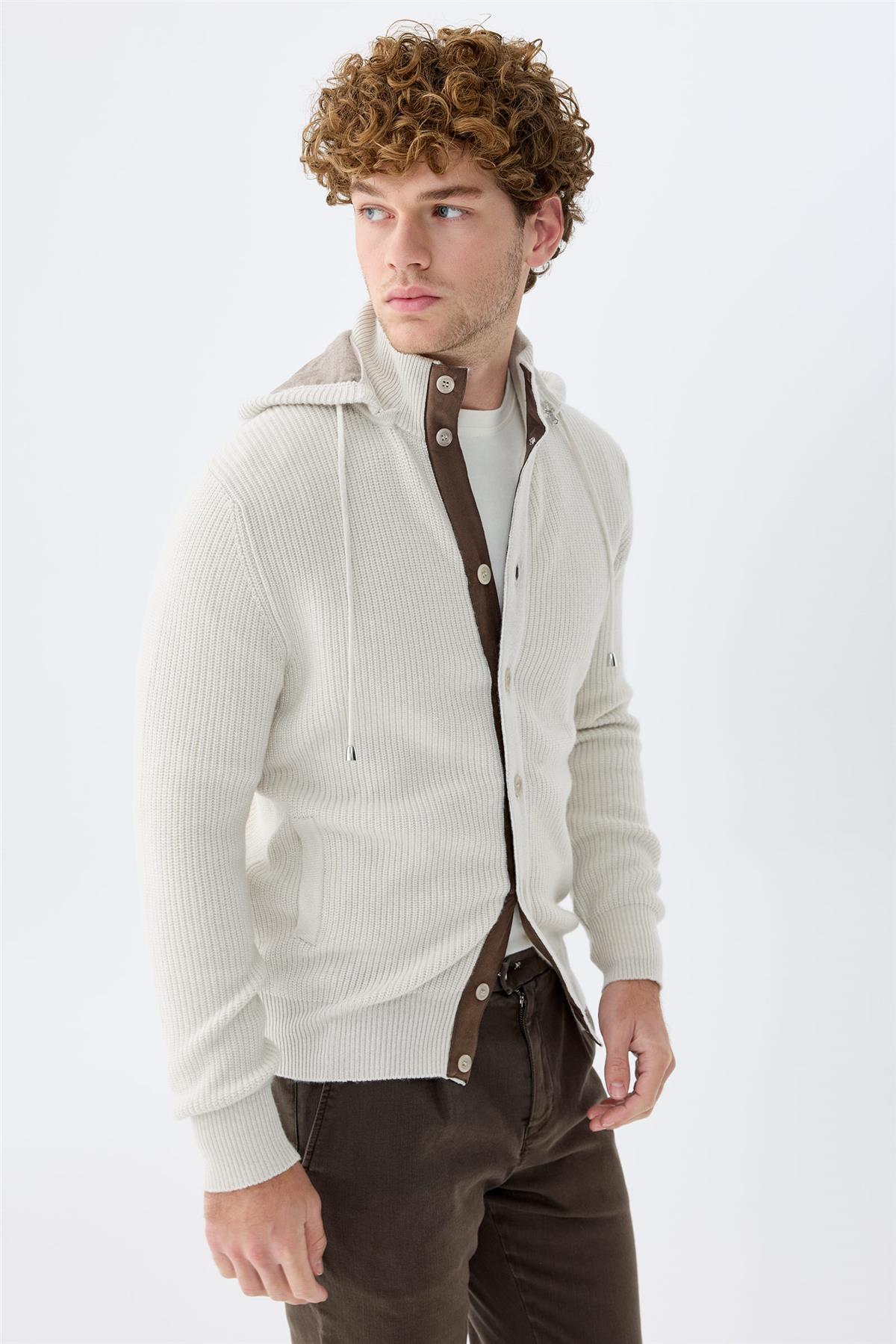 Bej Kapüşonlu Kaşmir Hırka