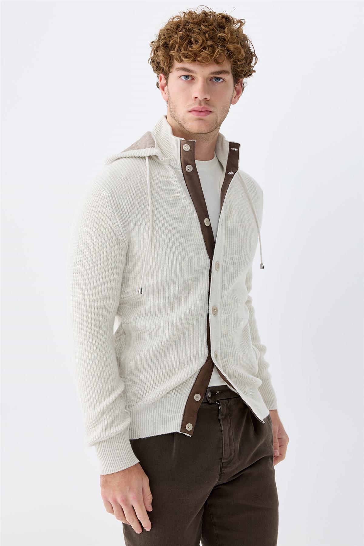 Bej Kapüşonlu Kaşmir Hırka