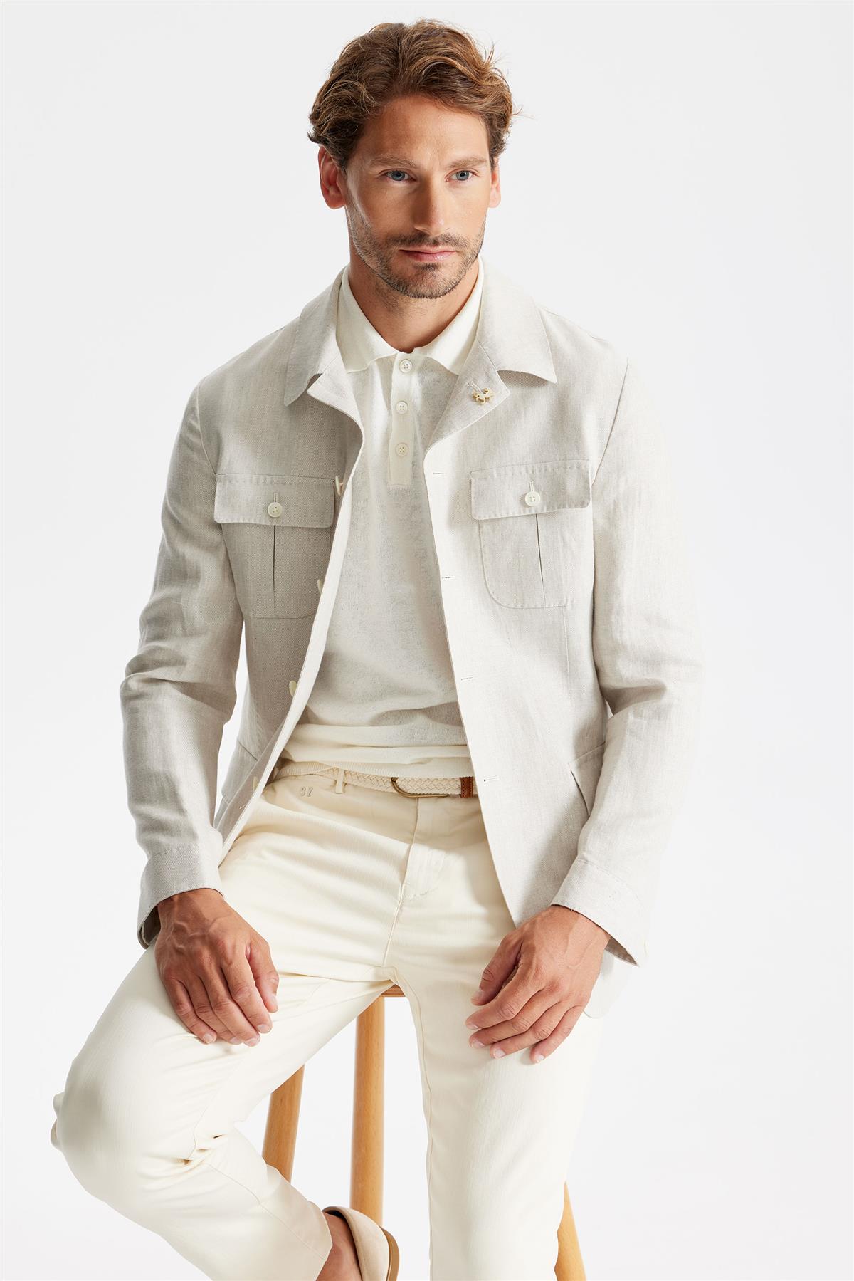 Bej Keten Safari Ceket