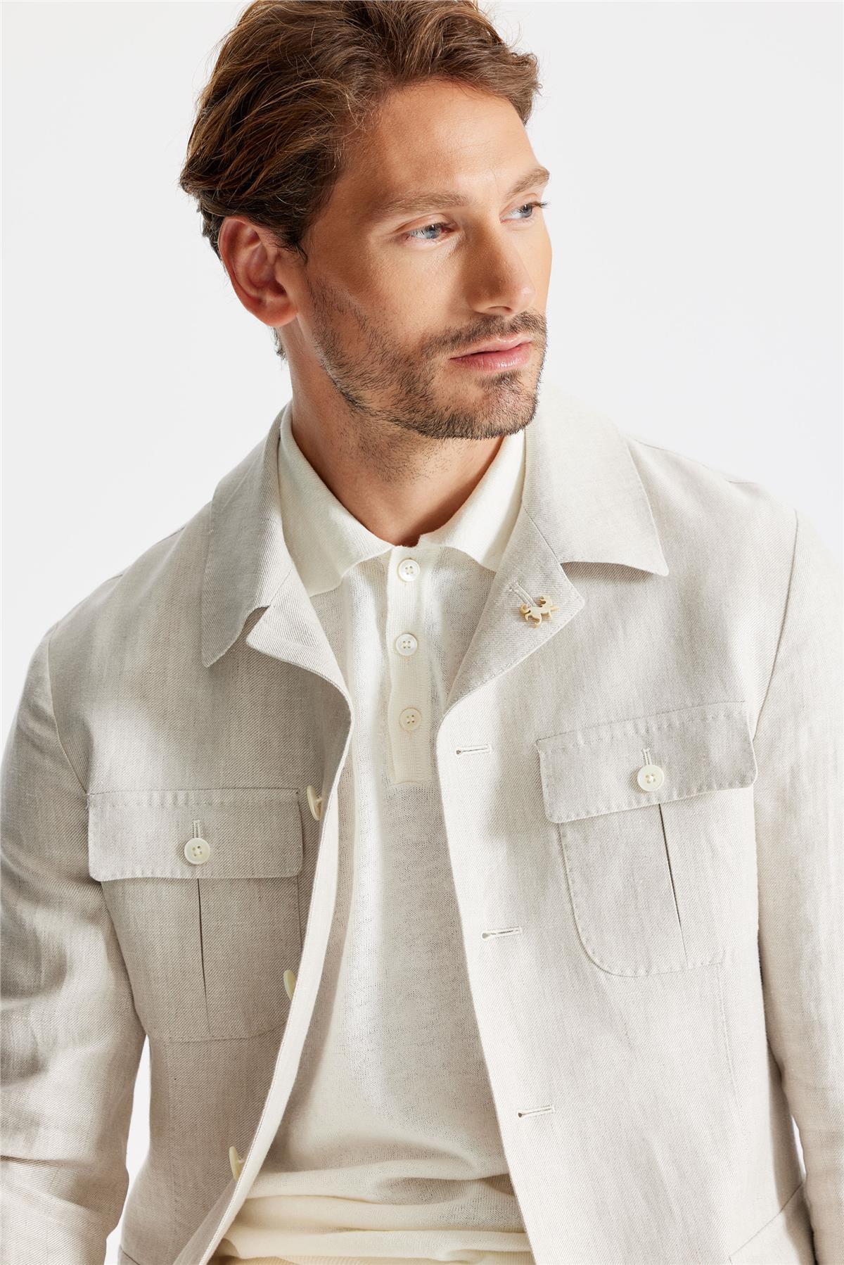 Bej Keten Safari Ceket