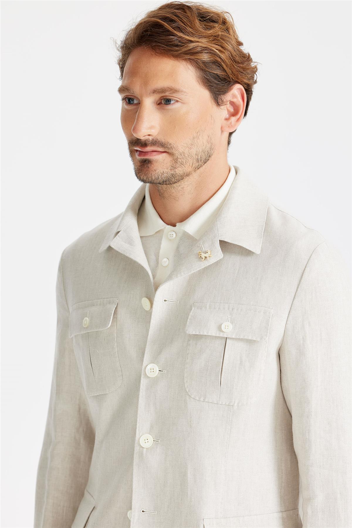 Bej Keten Safari Ceket