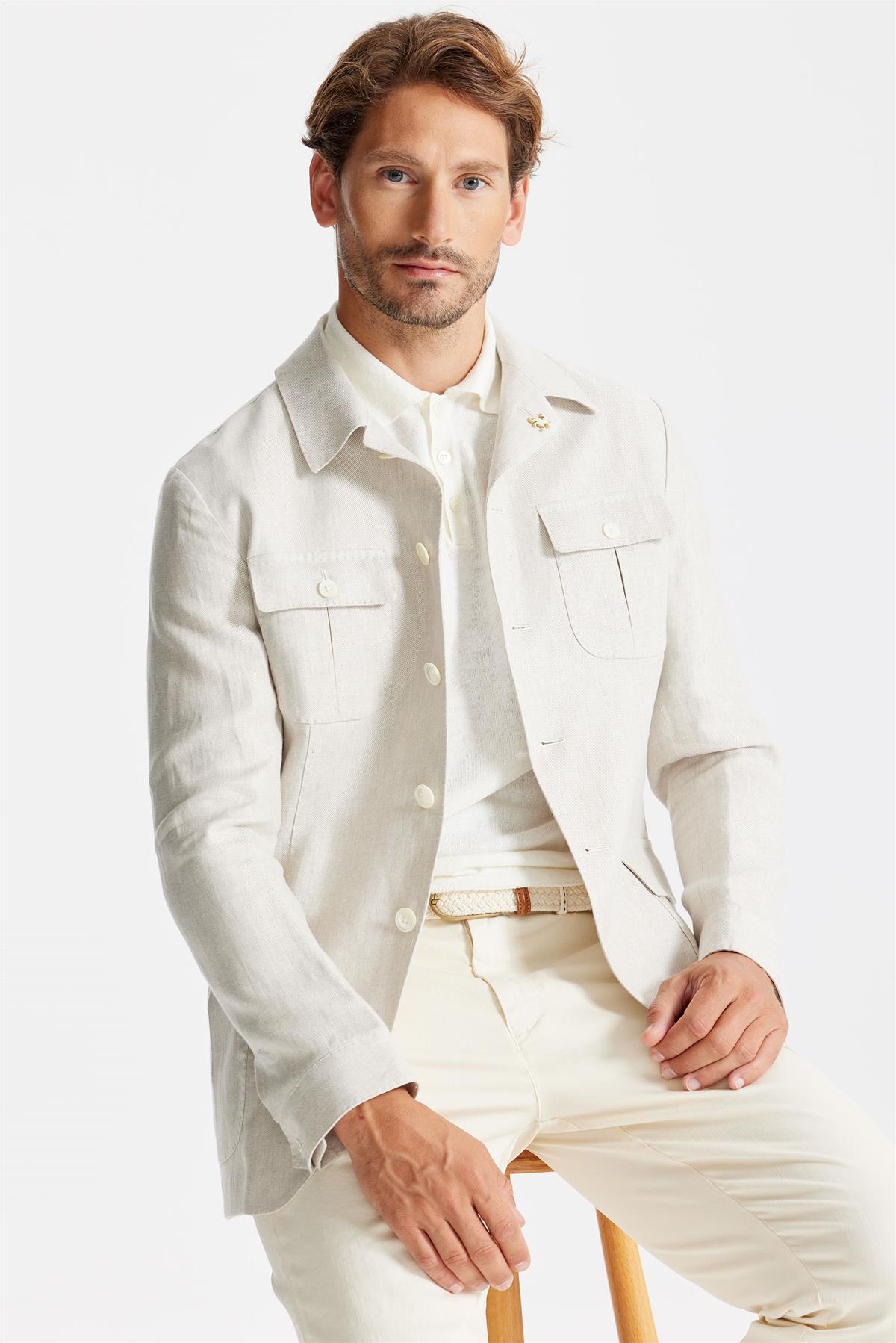 Bej Keten Safari Ceket