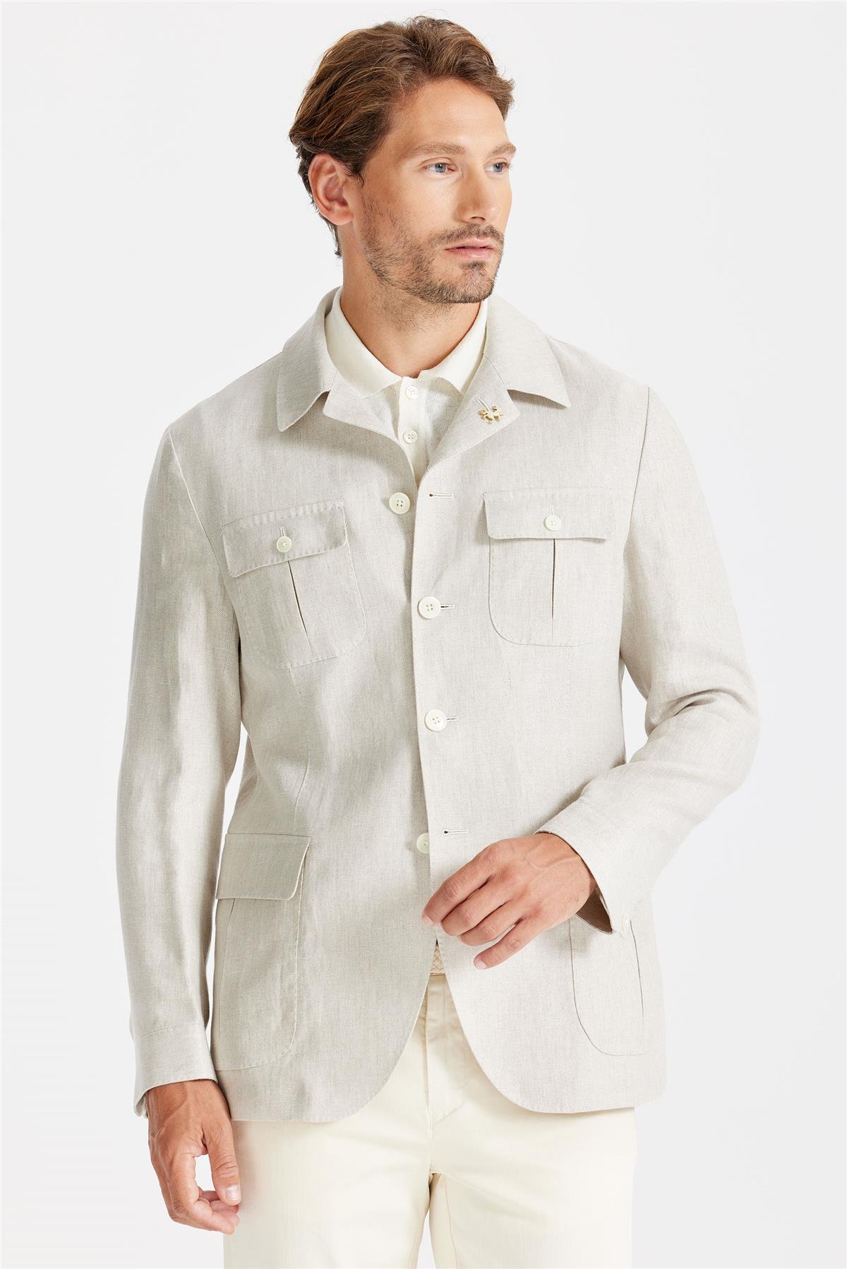 Bej Keten Safari Ceket