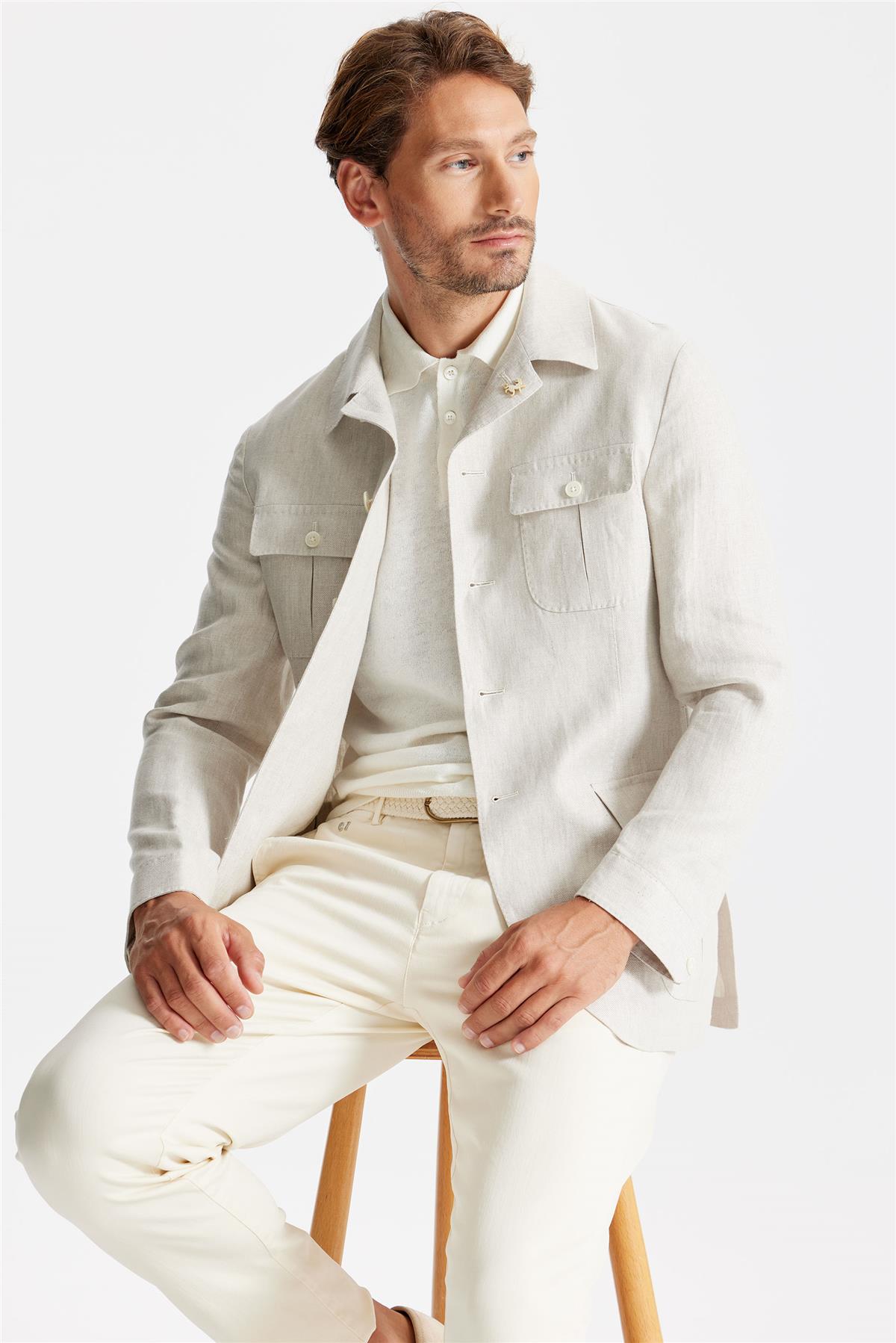 Bej Keten Safari Ceket