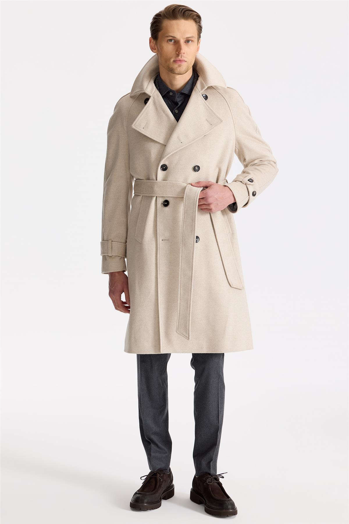 Bej Kruvaze Yün Kaşmir Palto