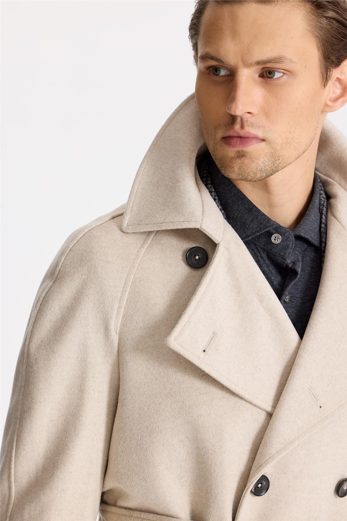 Bej Kruvaze Yün Kaşmir Palto