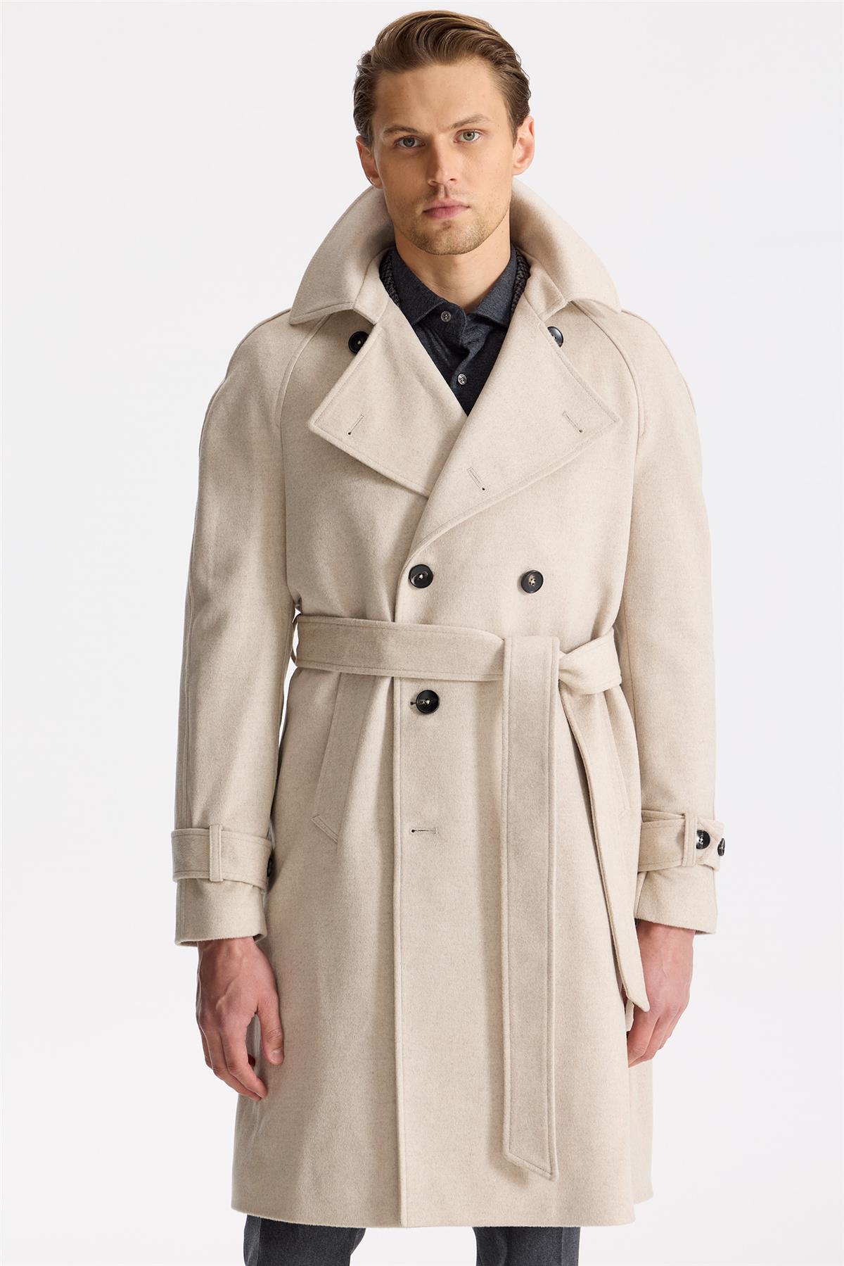 Bej Kruvaze Yün Kaşmir Palto