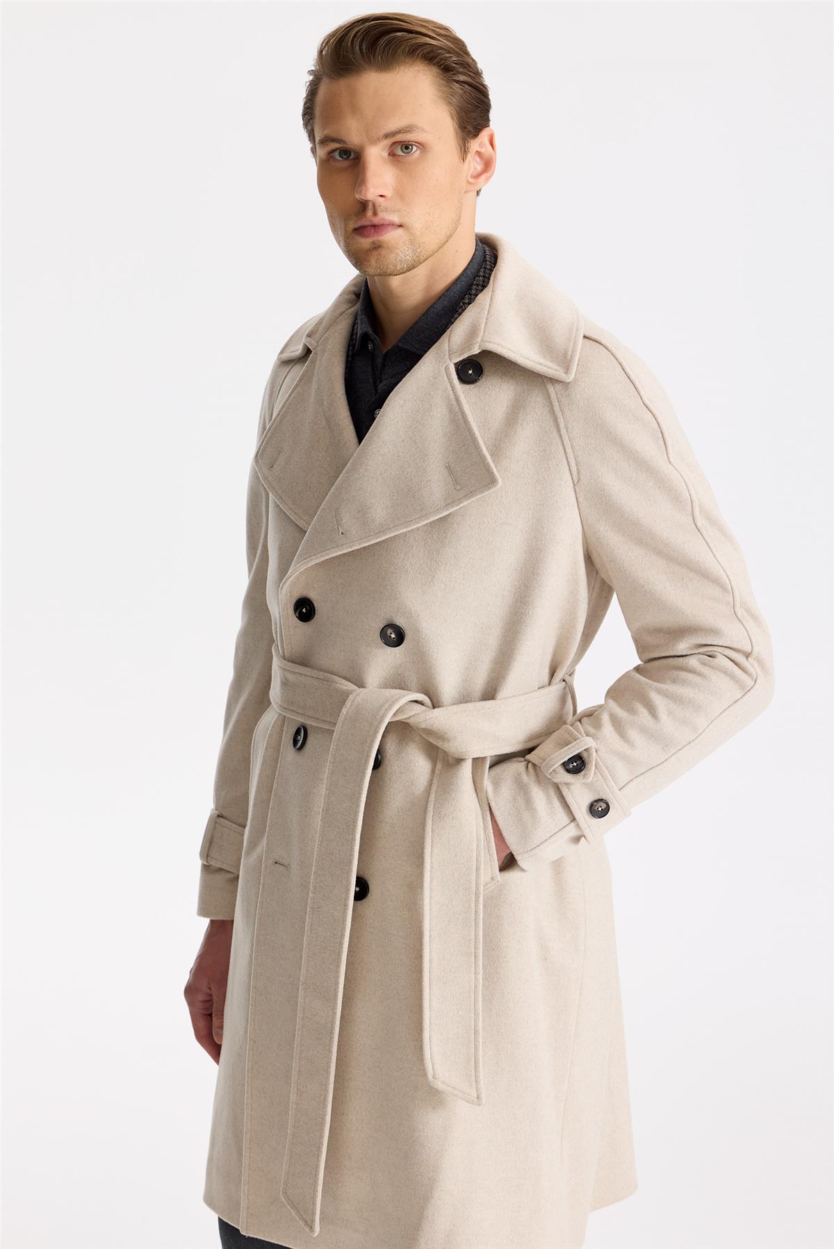 Bej Kruvaze Yün Kaşmir Palto