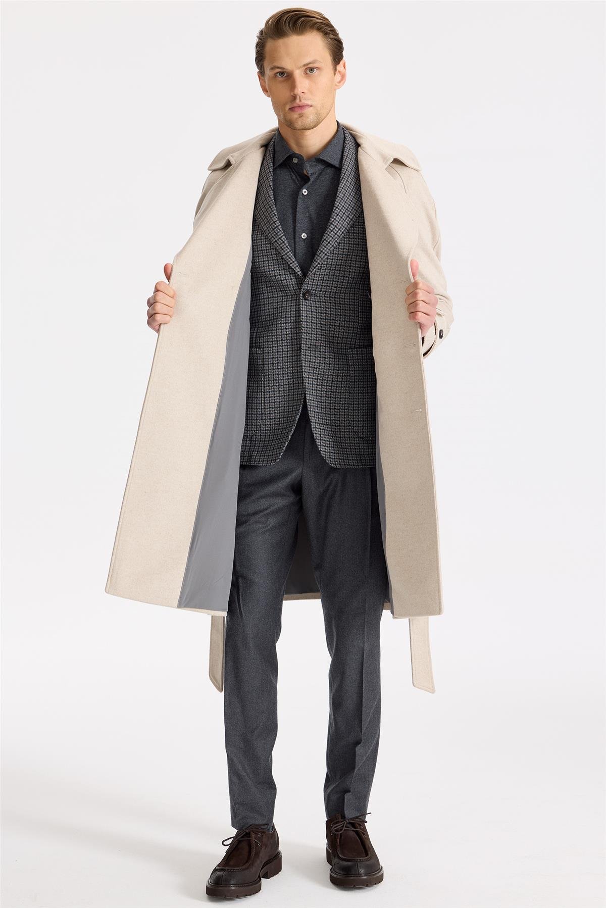 Bej Kruvaze Yün Kaşmir Palto