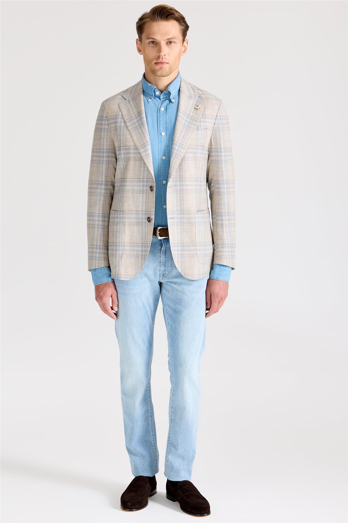 Bej Mavi Yün İpek Keten Ceket