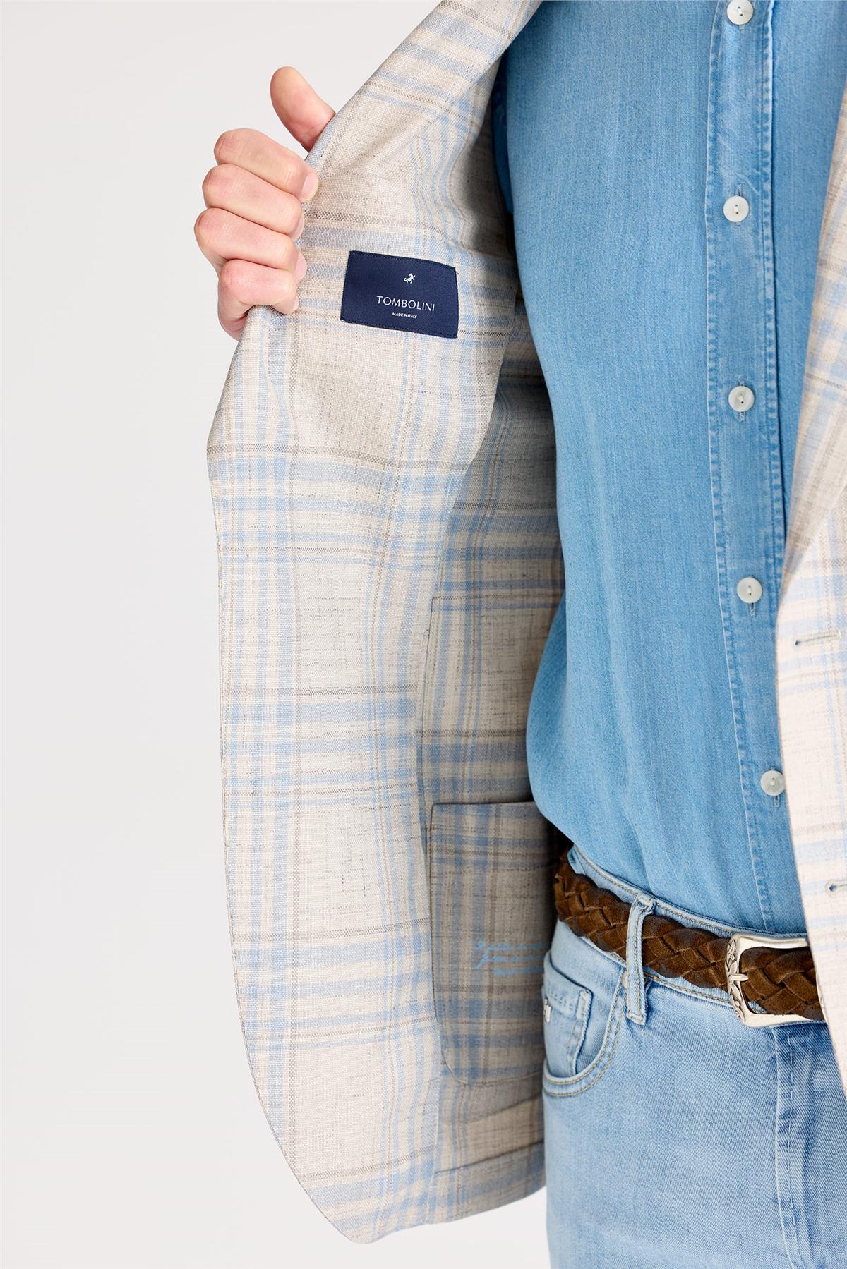 Bej Mavi Yün İpek Keten Ceket