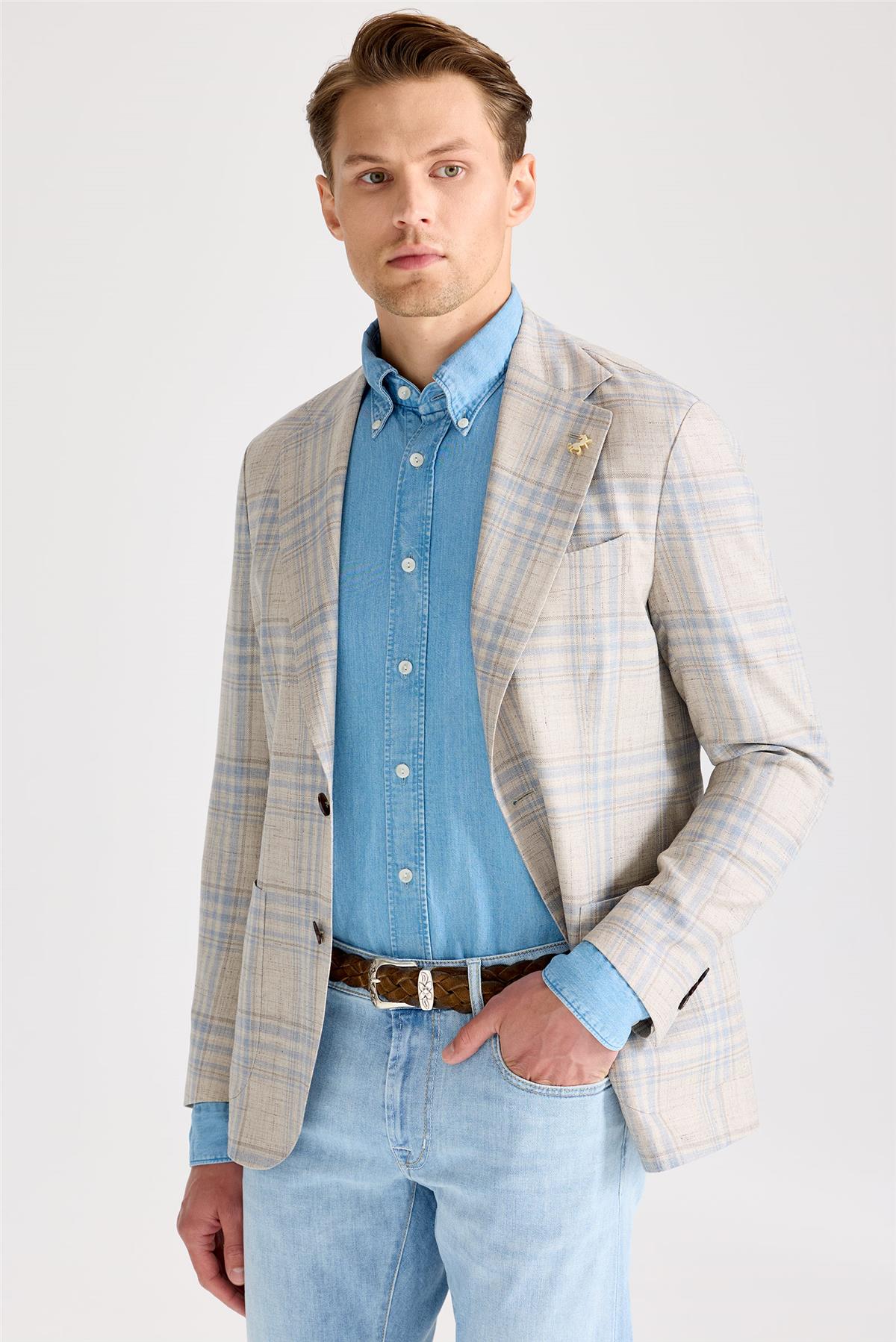 Bej Mavi Yün İpek Keten Ceket