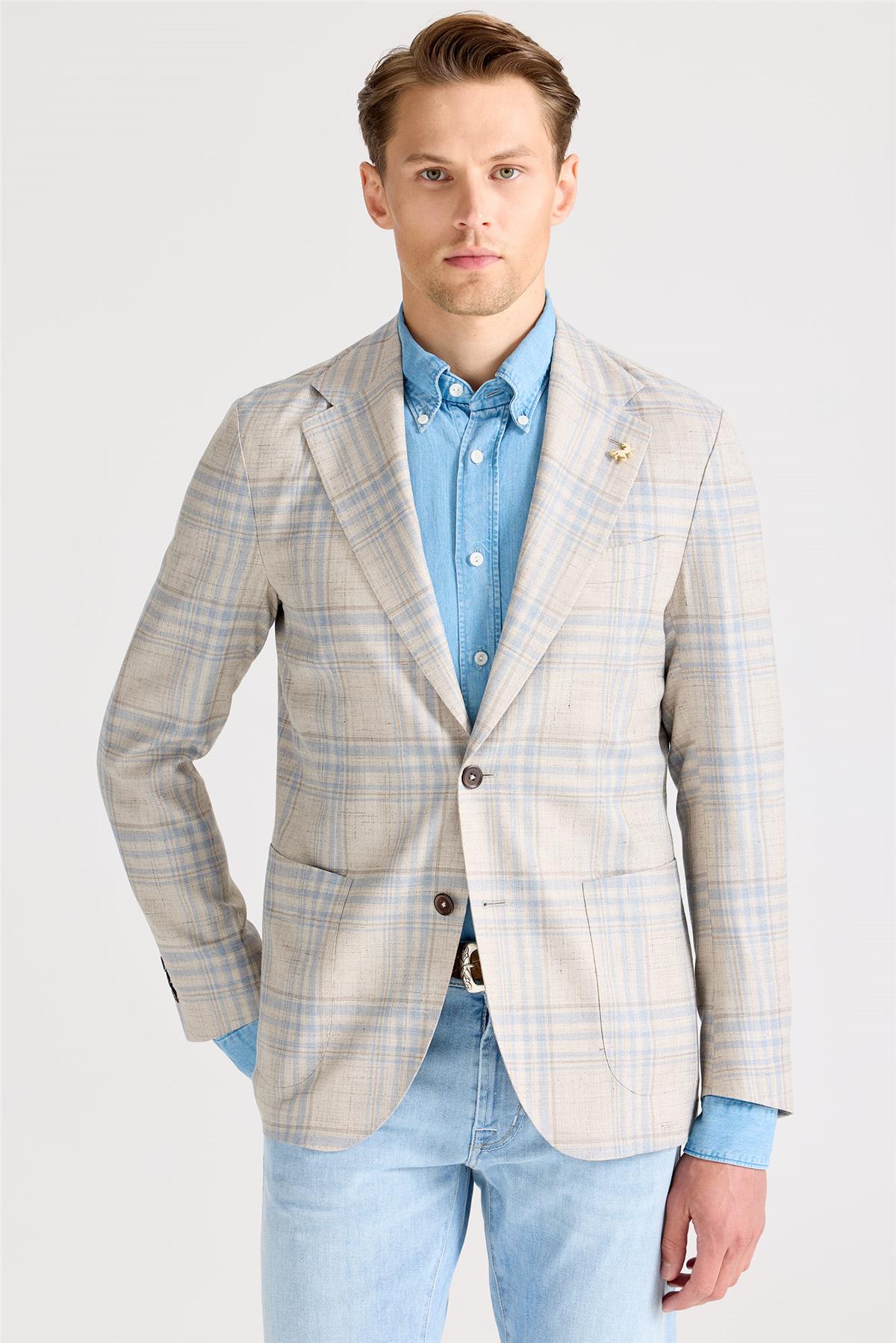 Bej Mavi Yün İpek Keten Ceket