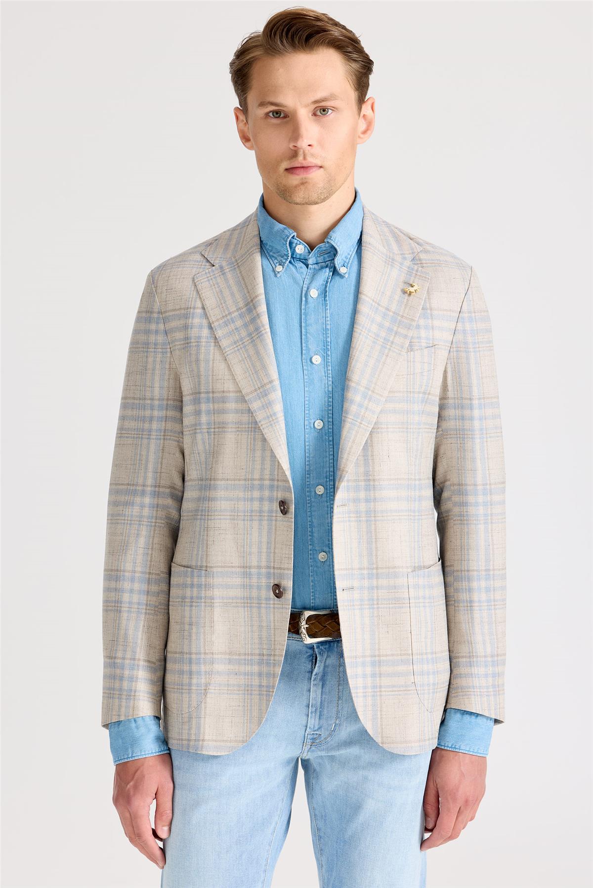 Bej Mavi Yün İpek Keten Ceket