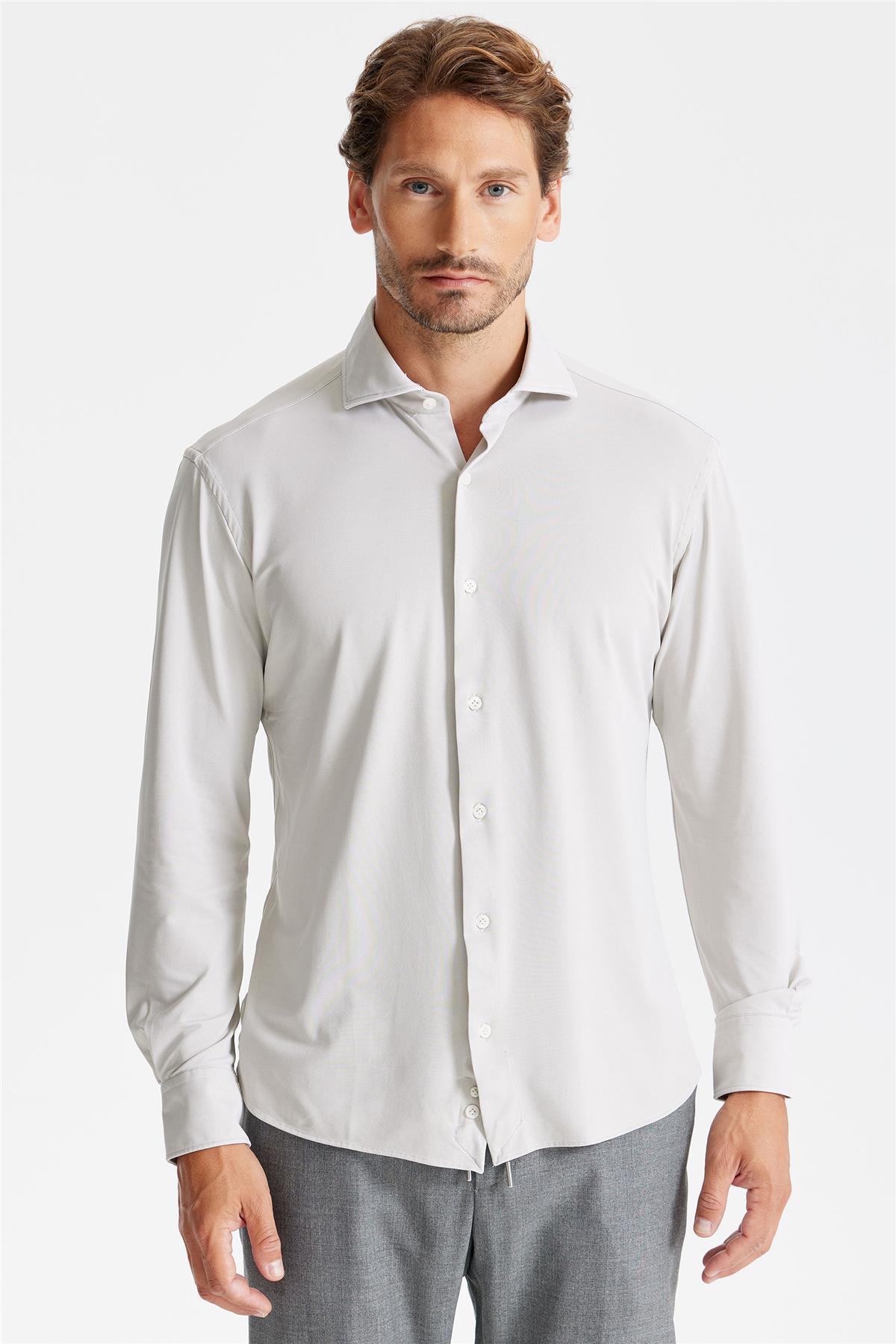 Bej Oxford Teknik Kumaş Gömlek