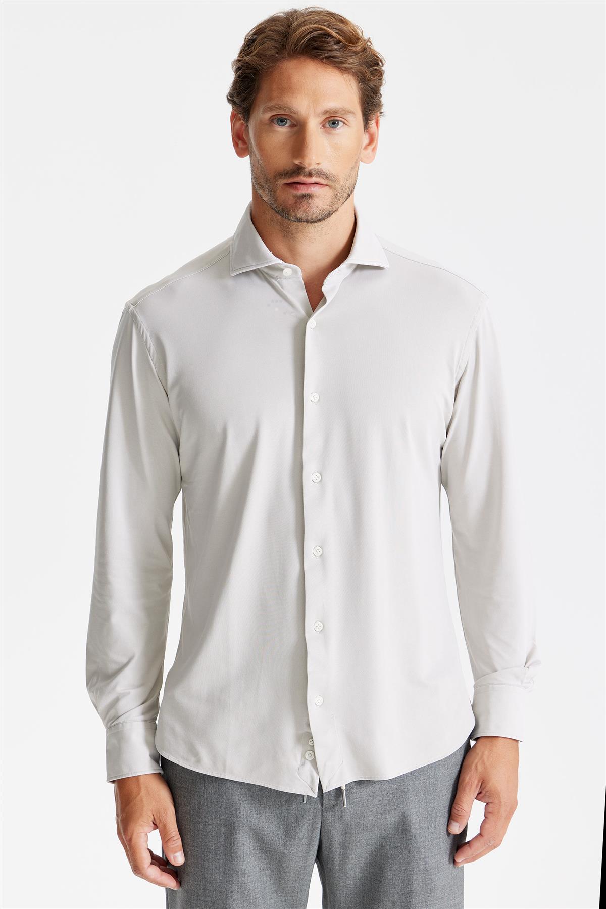 Bej Oxford Teknik Kumaş Gömlek