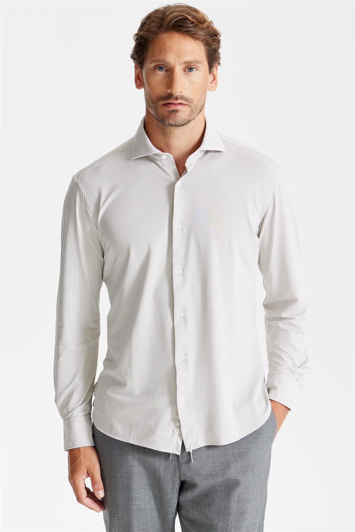 Bej Oxford Teknik Kumaş Gömlek