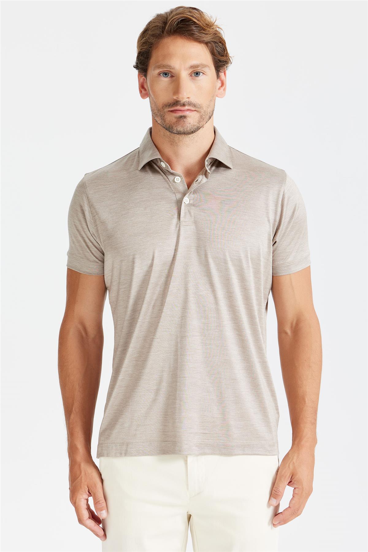 Bej Polo Yaka İpek T-shirt