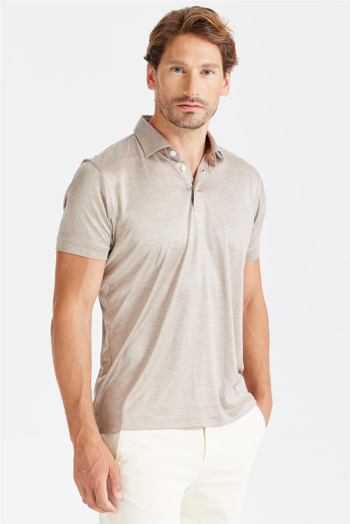 Bej Polo Yaka İpek T-shirt