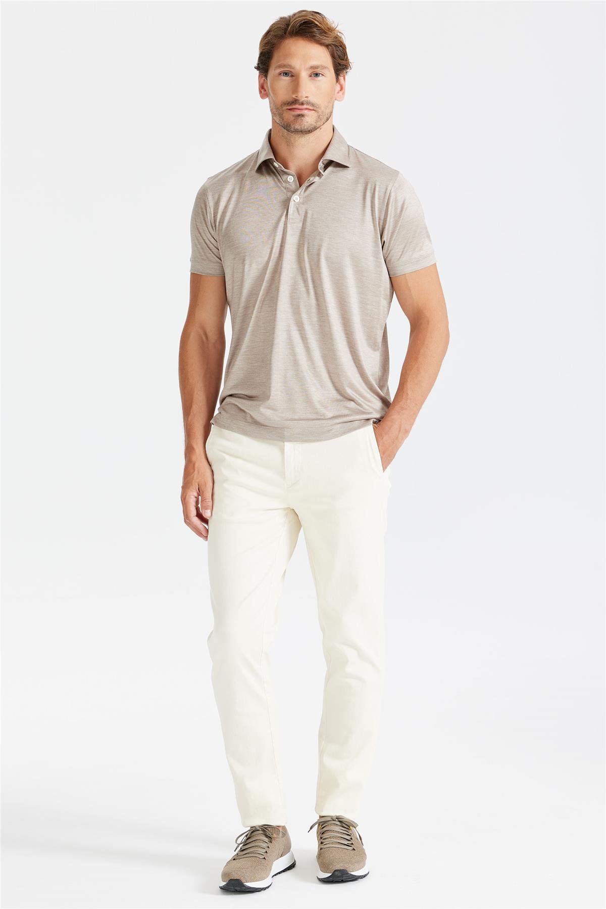 Bej Polo Yaka İpek T-shirt