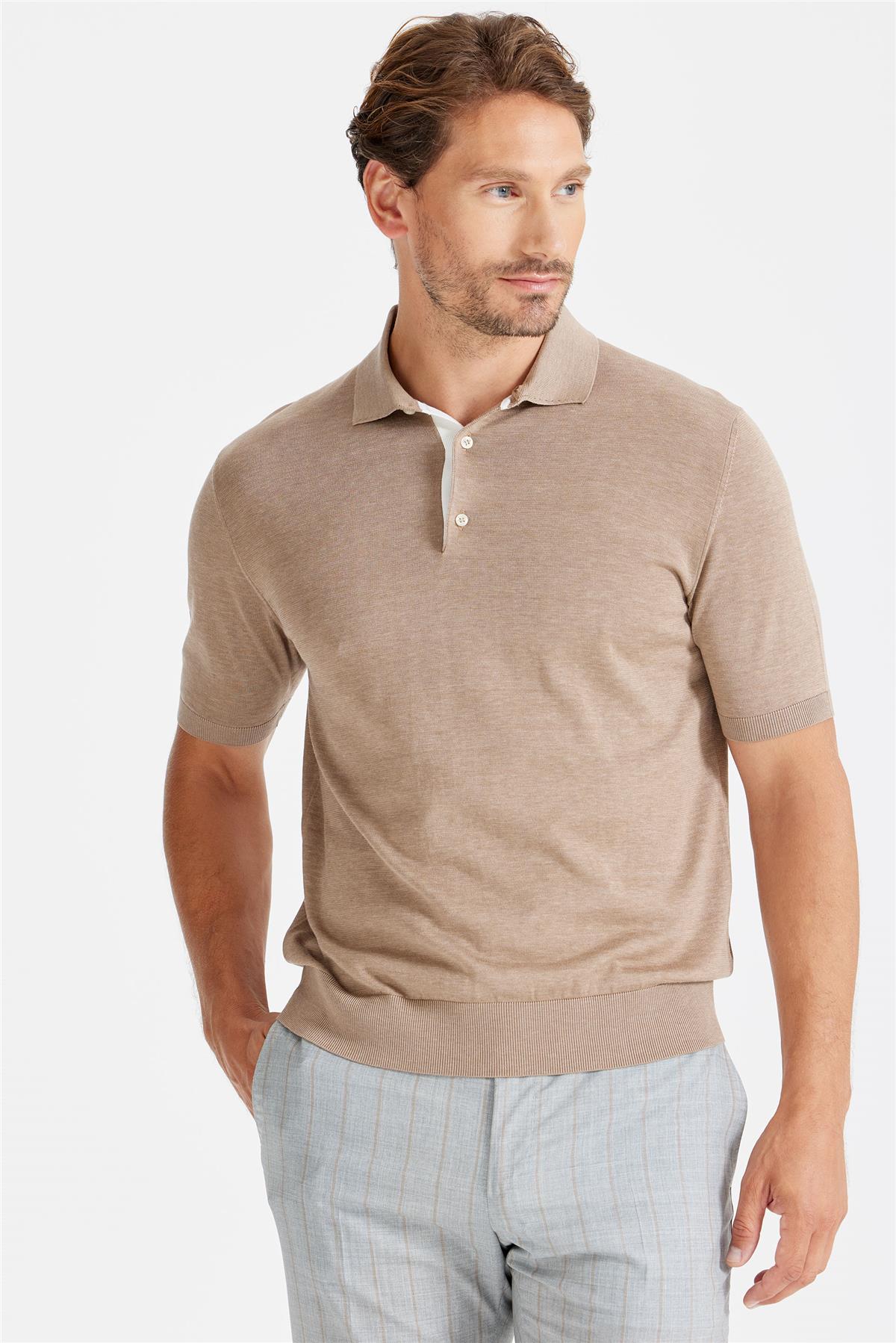 Bej Polo Yaka Pamuk İpek Triko