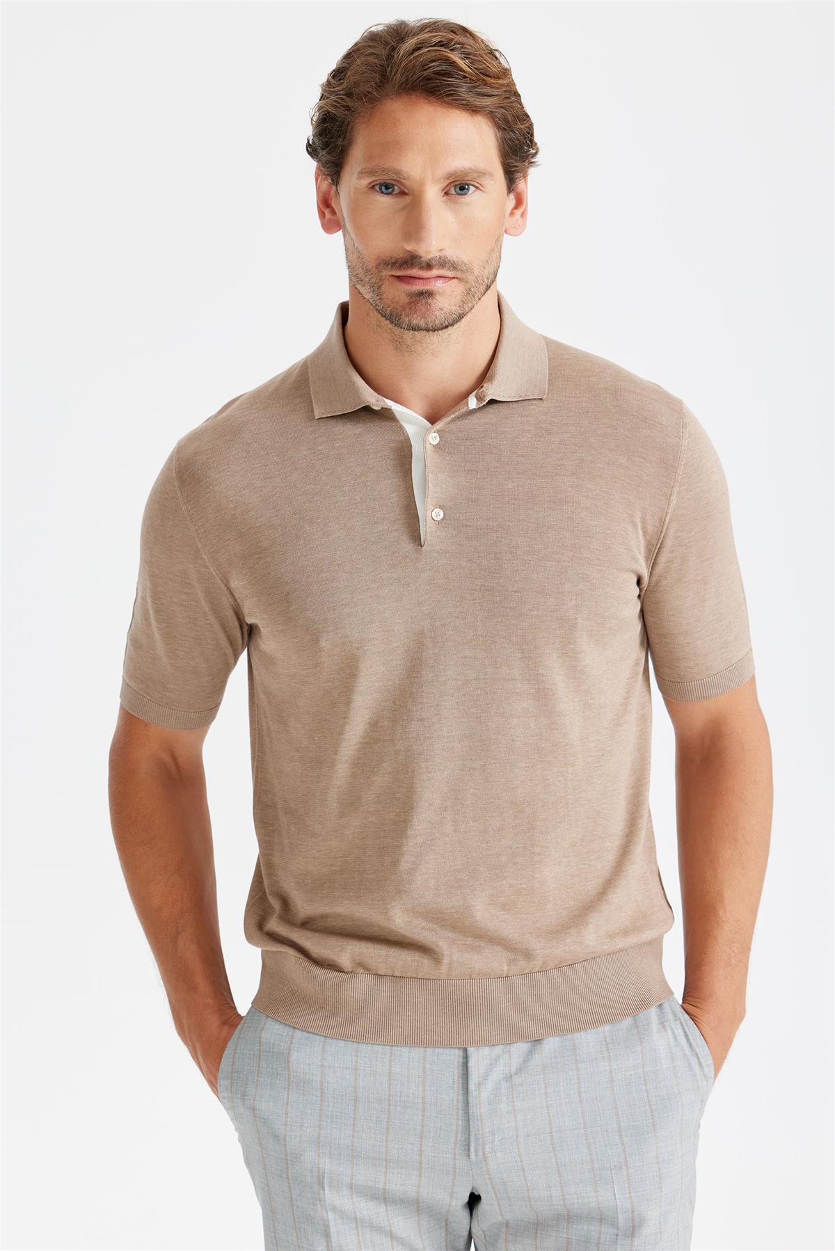 Bej Polo Yaka Pamuk İpek Triko