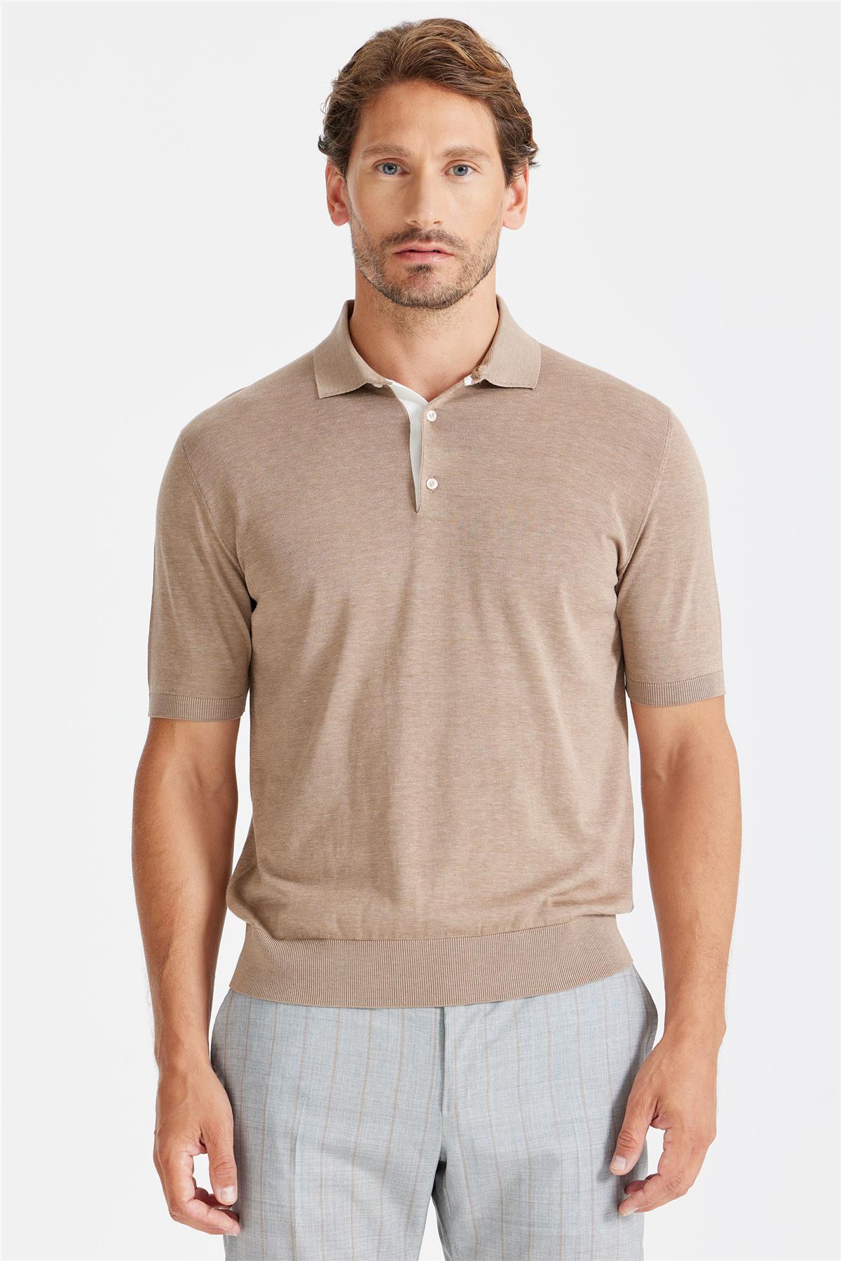 Bej Polo Yaka Pamuk İpek Triko