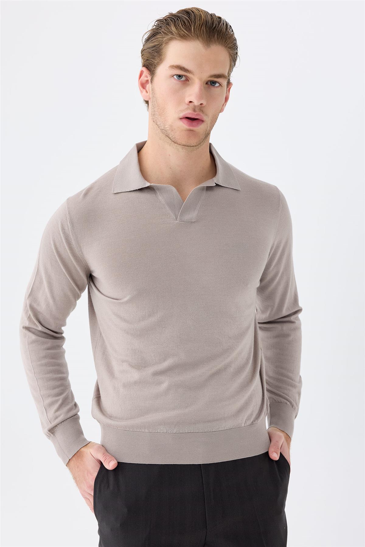 Bej Polo Yaka Yün İpek Kaşmir Triko