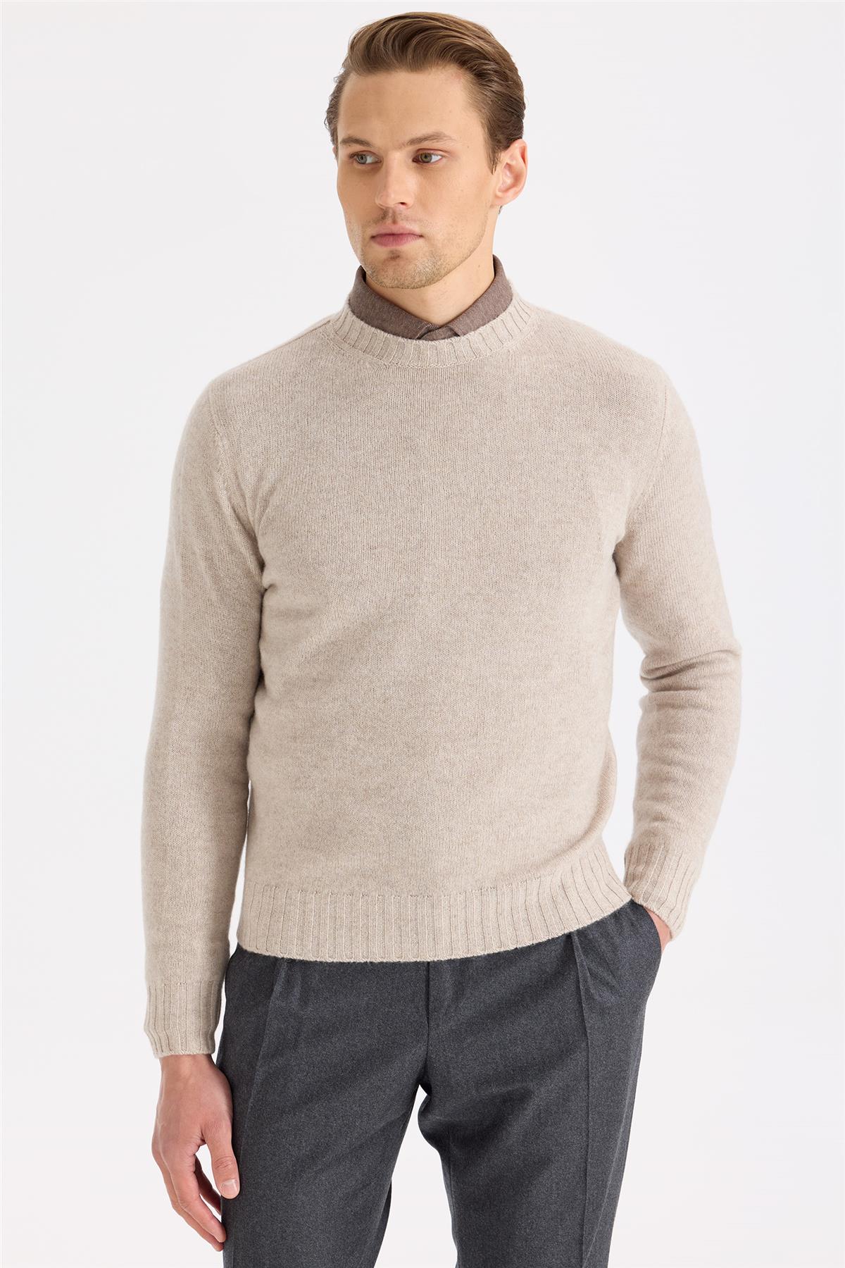 Bej Sıfır Yaka Kaşmir Triko