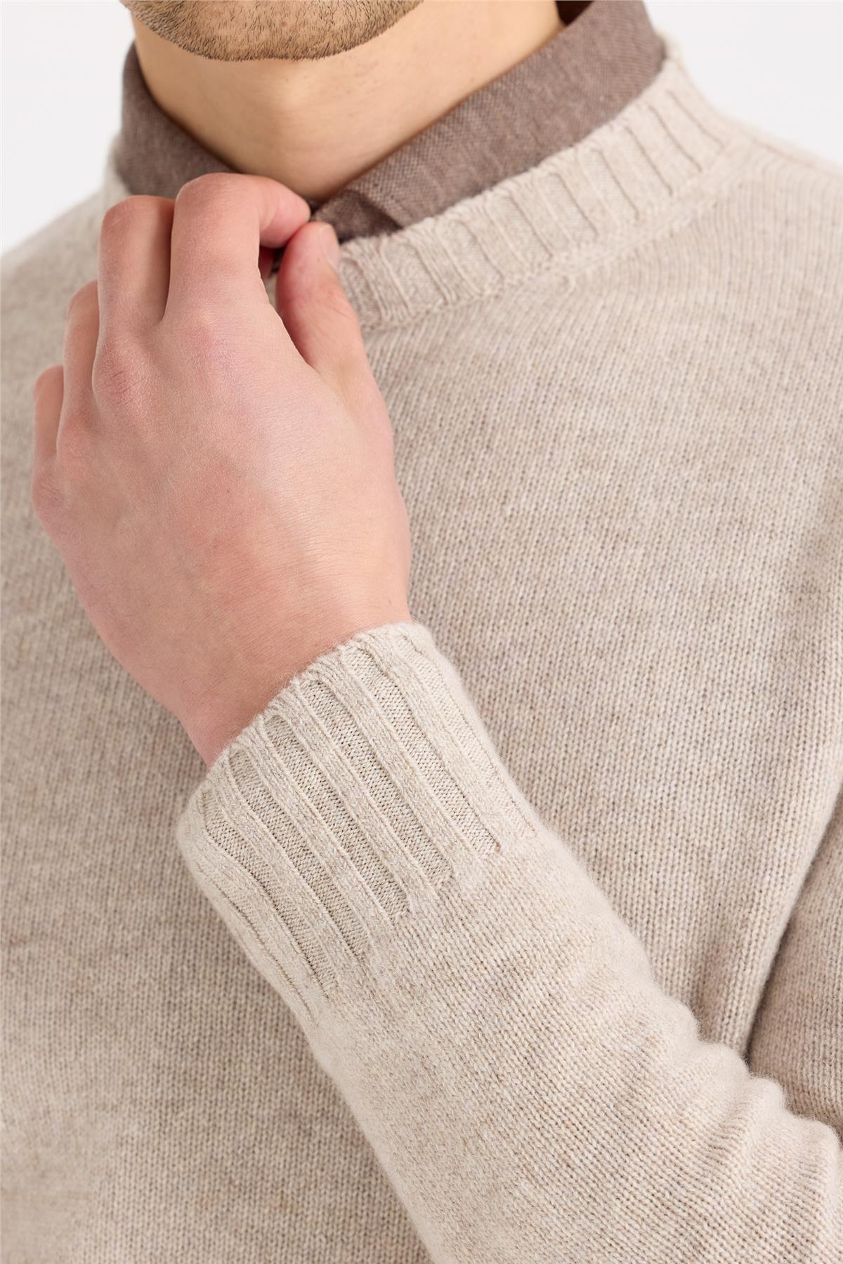 Bej Sıfır Yaka Kaşmir Triko