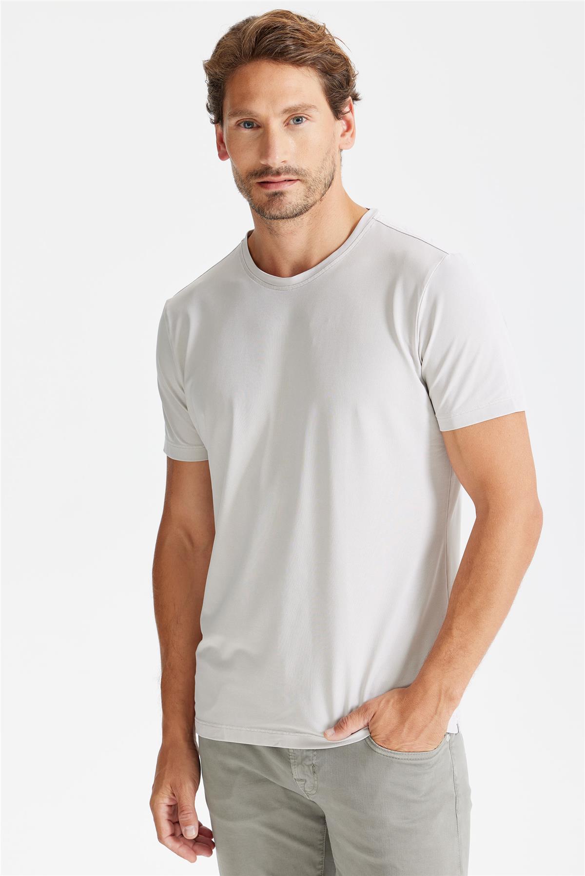 Bej Sıfır Yaka Oxford Teknik Kumaş T-shirt