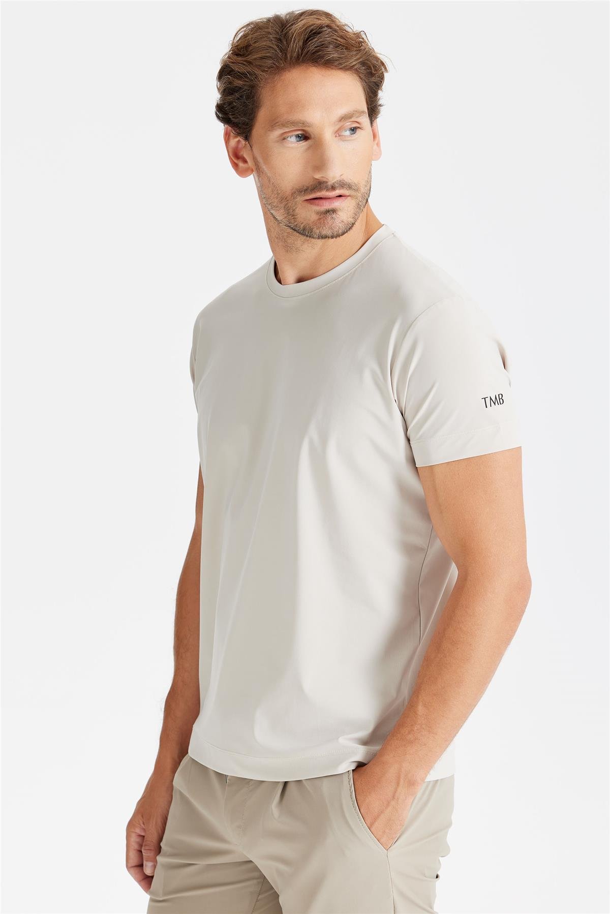 Bej Sıfır Yaka Teknik T-shirt