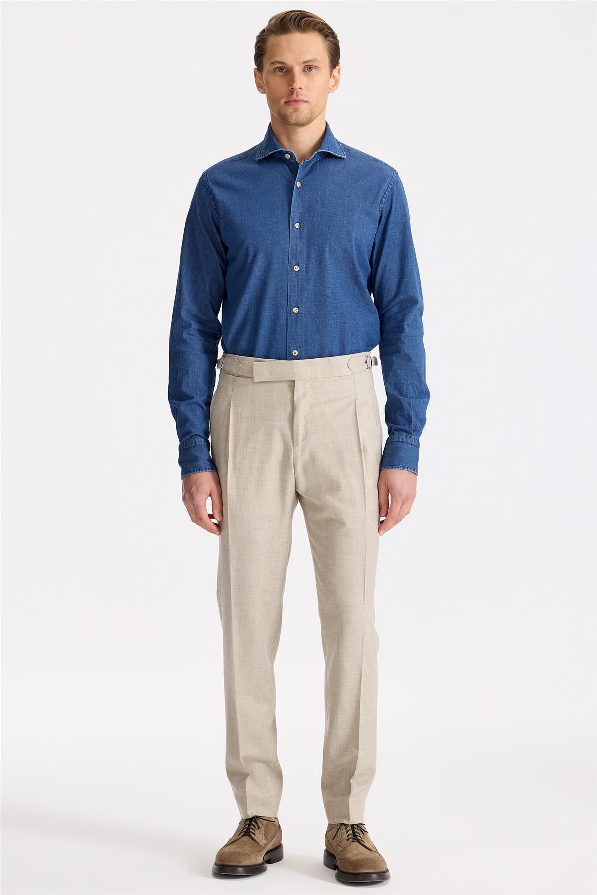 Bej Tokalı Yün Flanel Pantolon