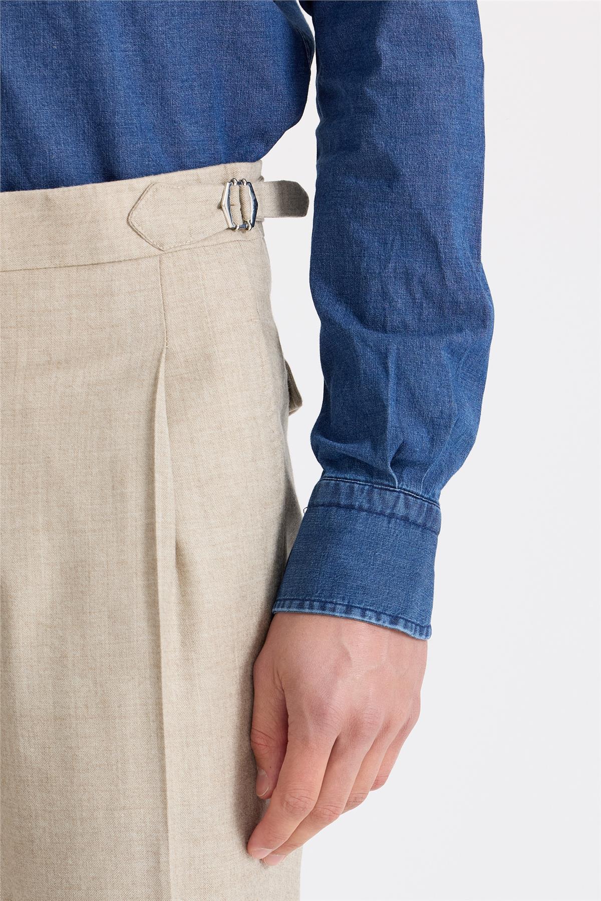 Bej Tokalı Yün Flanel Pantolon