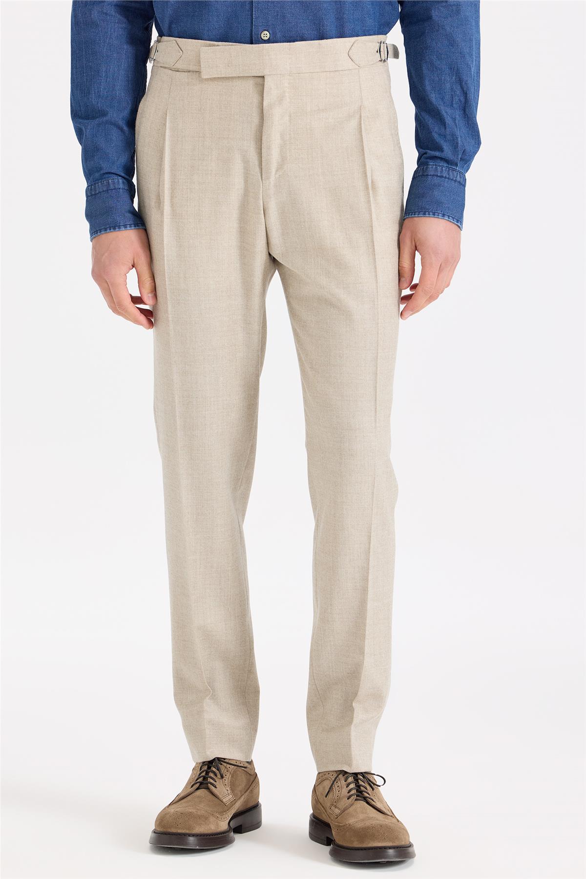 Bej Tokalı Yün Flanel Pantolon