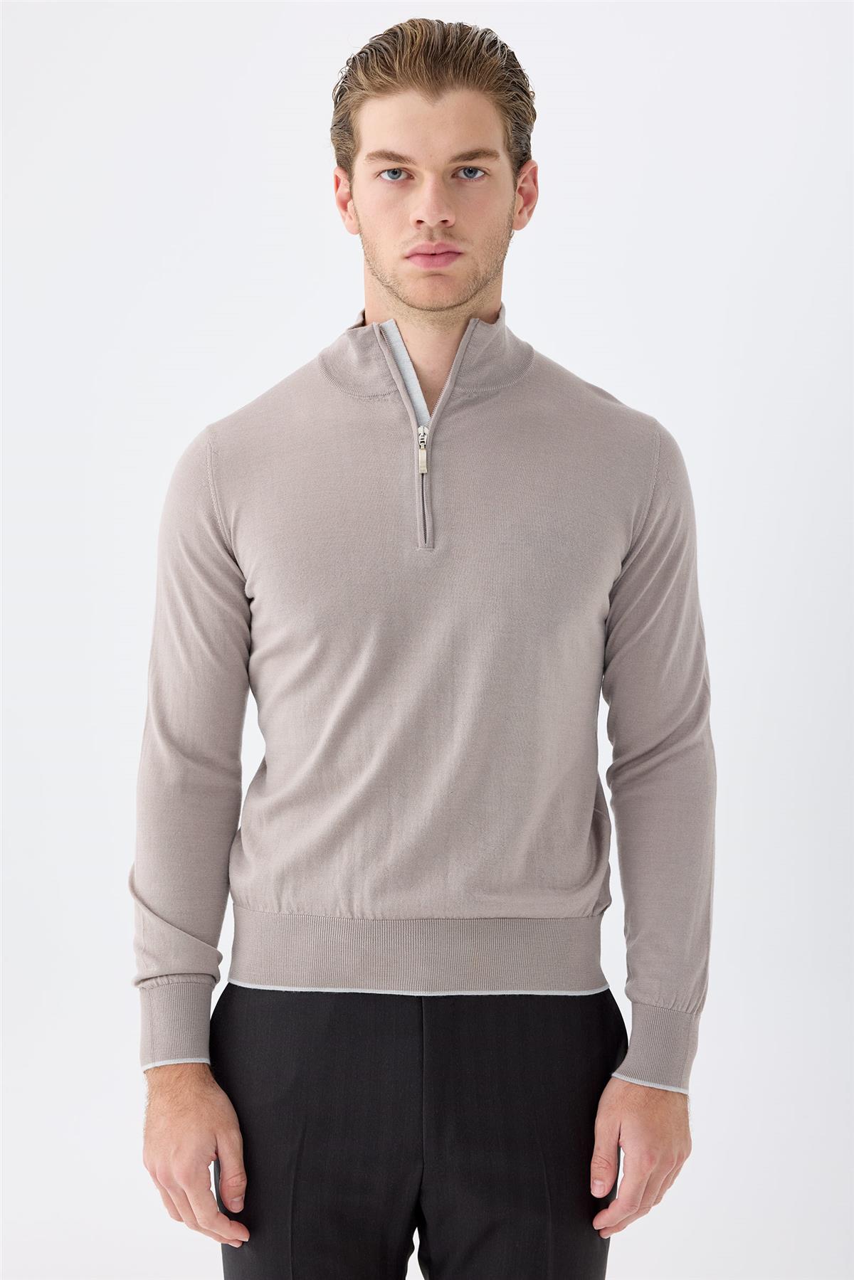 Bej Trio Yaka Yün İpek Kaşmir Triko