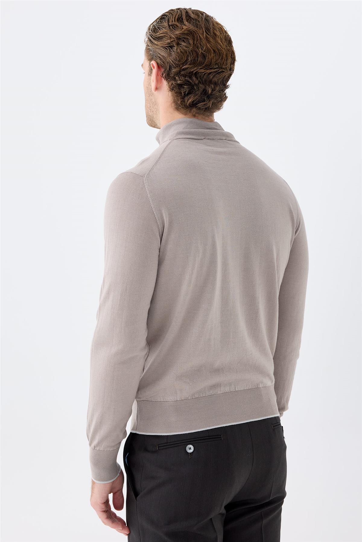 Bej Trio Yaka Yün İpek Kaşmir Triko