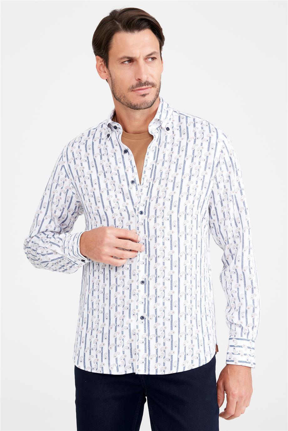 Beyaz Desenli Pamuk Gömlek