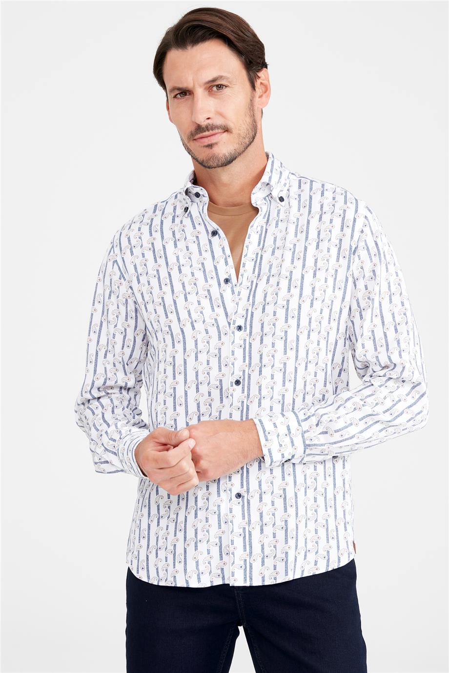 Beyaz Desenli Pamuk Gömlek