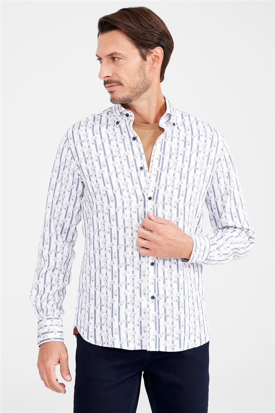 Beyaz Desenli Pamuk Gömlek