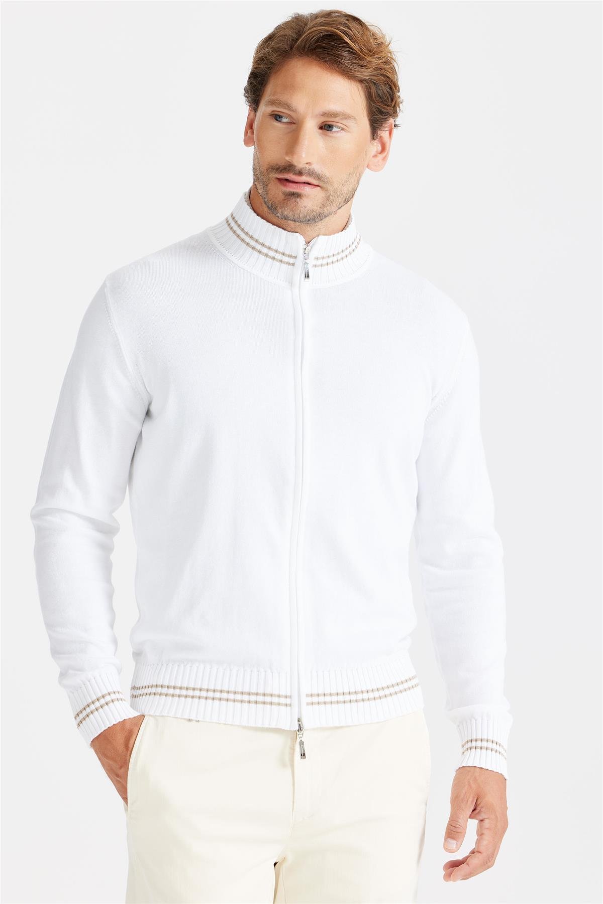 Beyaz Fermuarlı Pamuk Hırka