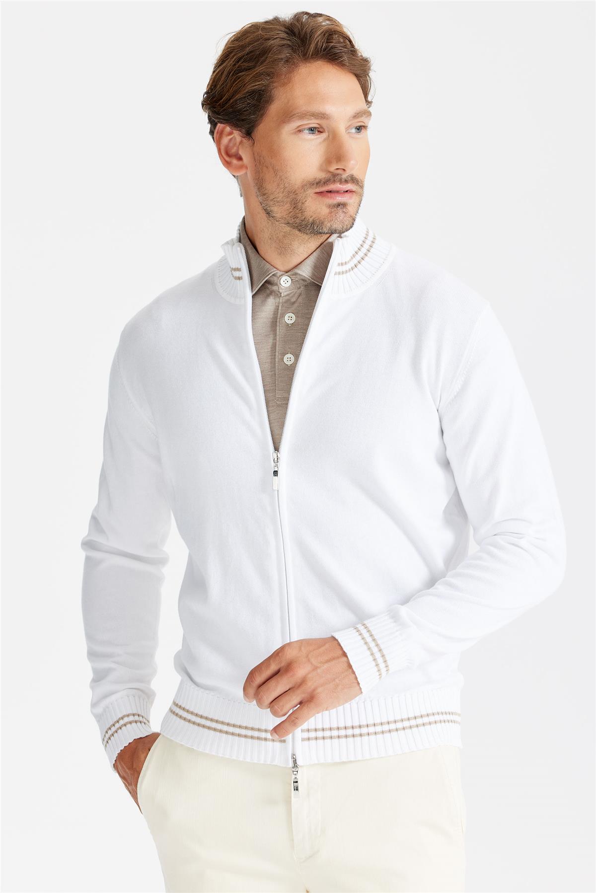 Beyaz Fermuarlı Pamuk Hırka