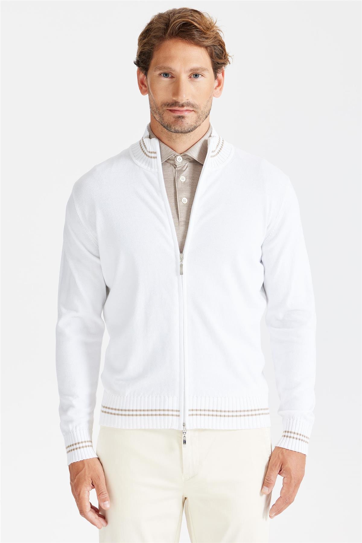 Beyaz Fermuarlı Pamuk Hırka