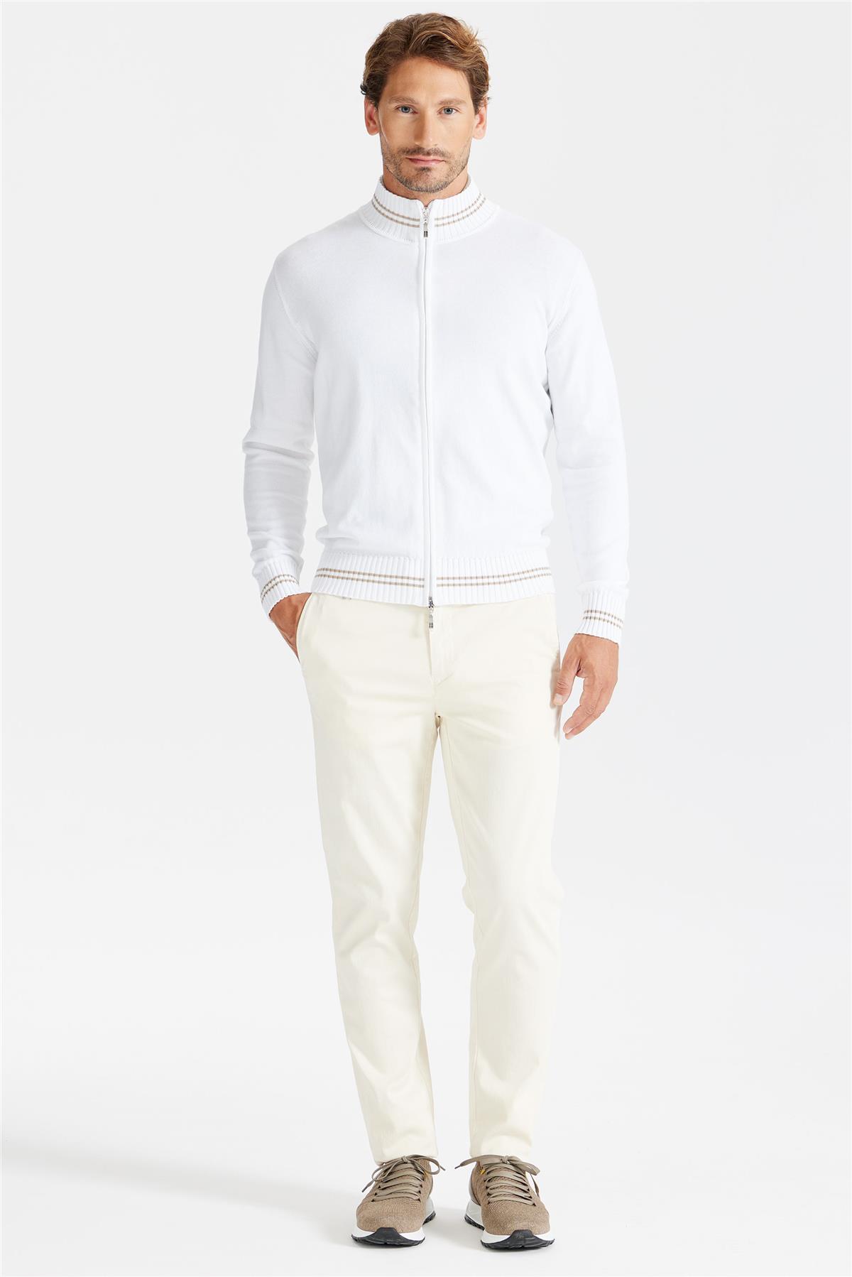 Beyaz Fermuarlı Pamuk Hırka