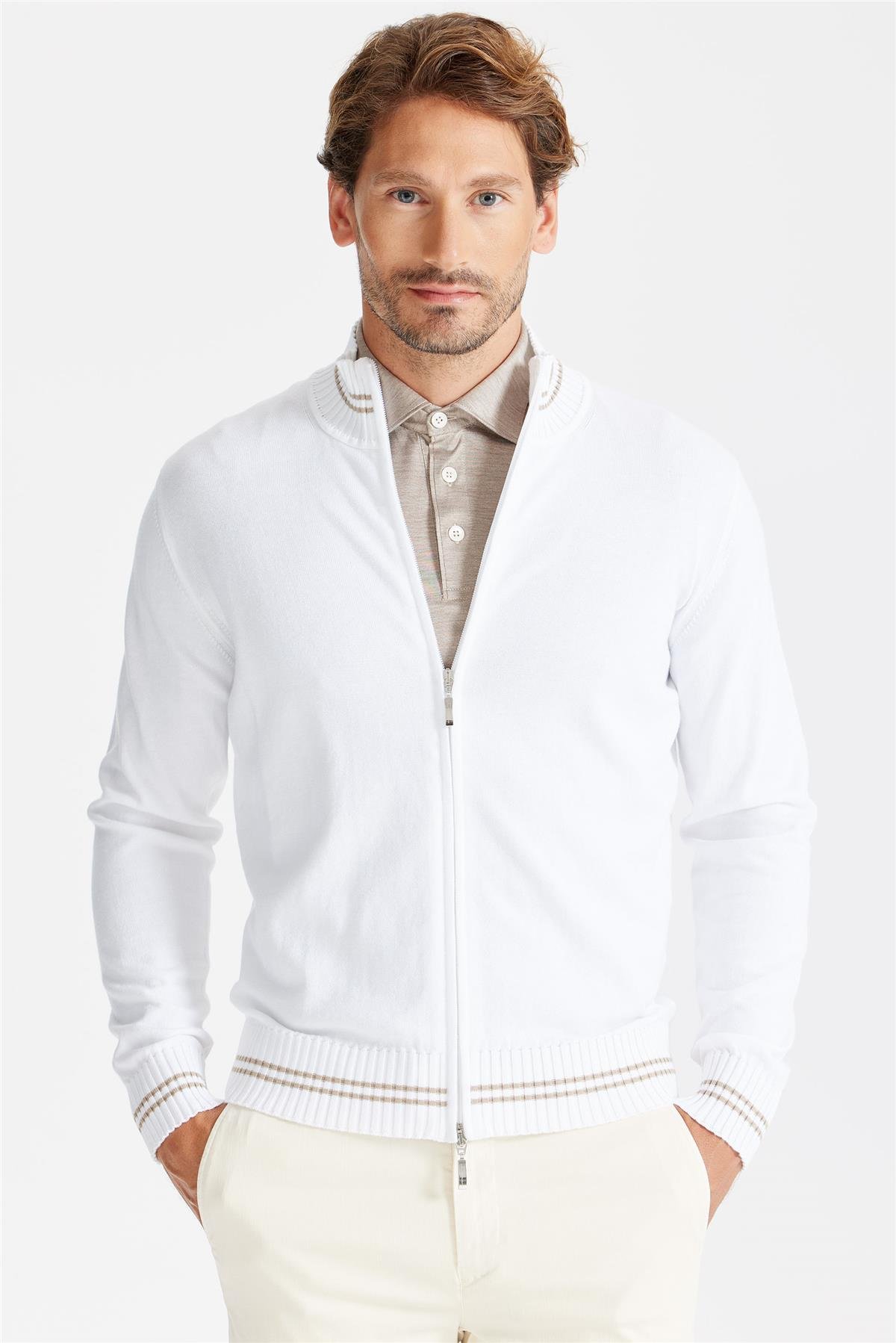 Beyaz Fermuarlı Pamuk Hırka