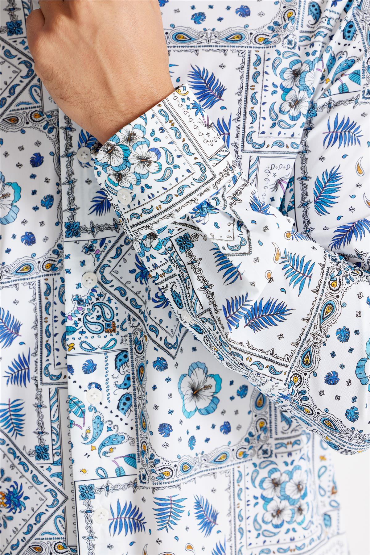 Beyaz Mavi Karma Desen Teknik Kumaş Gömlek