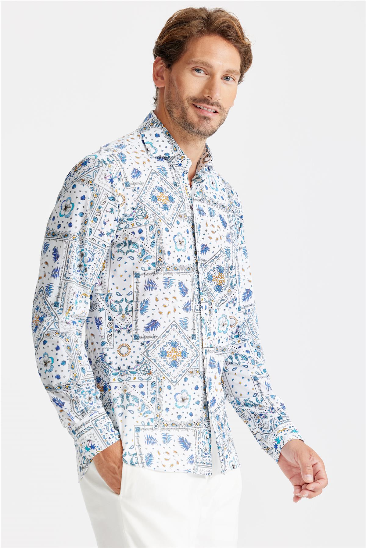 Beyaz Mavi Karma Desen Teknik Kumaş Gömlek